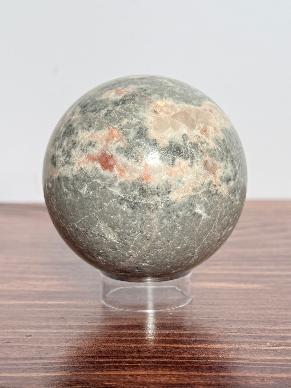 Sunstone in Gray Feldspar Sphere – Salmon Flash in Neutral Matrix – 68mm
